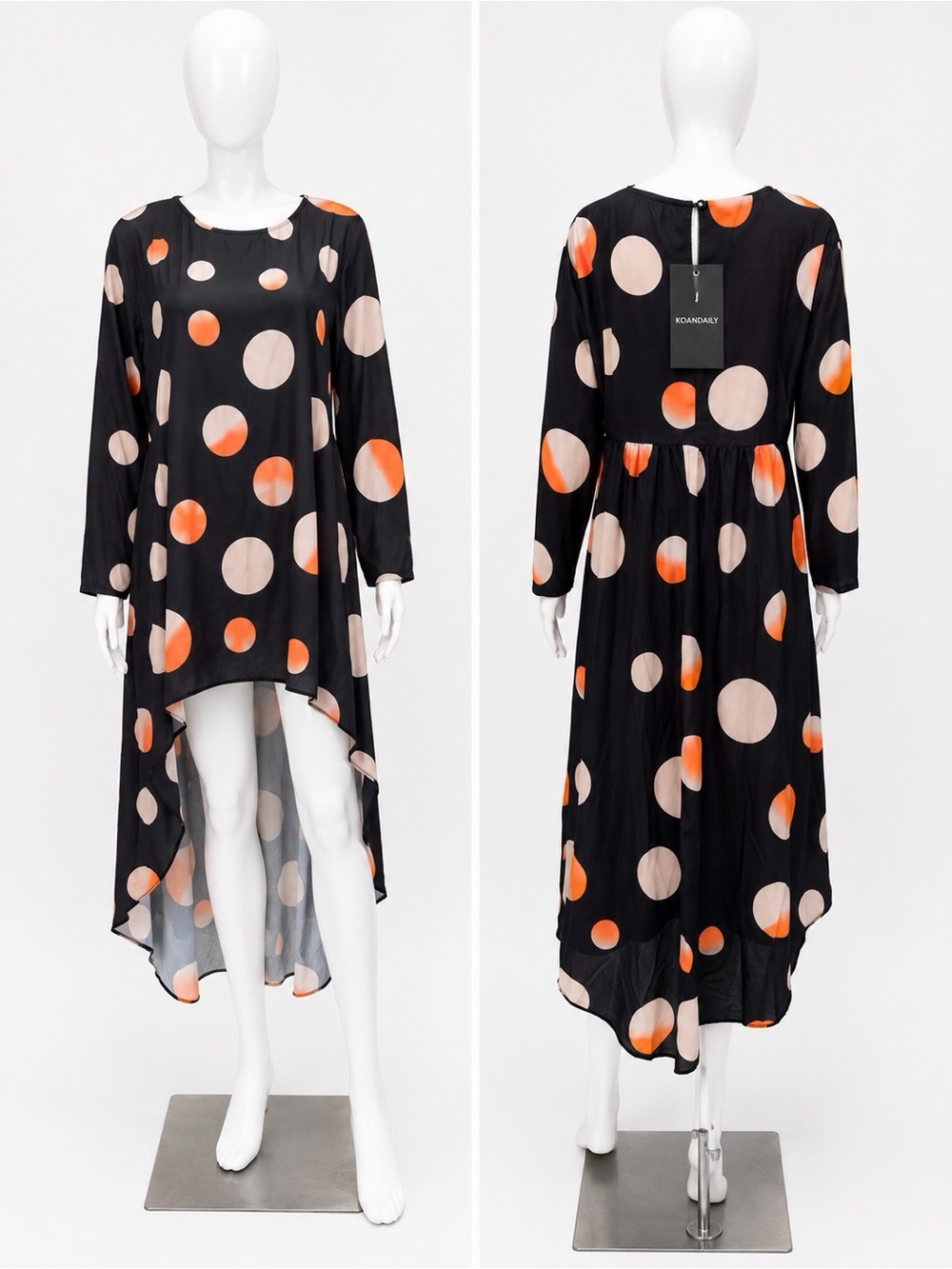 Polka Dot Hi-Low Dress in Black with Cream & Orange Accents